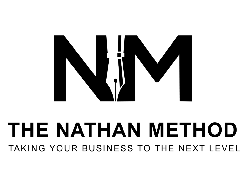 A black colored logo with the letters N and M with a writing pen in the middle. Below the logo says "The Nathan Method- Taking Your Business To The Next Level"